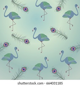 Abstract summer pattern with flamingos and peacock feathers.For textile,t-shirt graphics,wallpaper.Vector illustration.