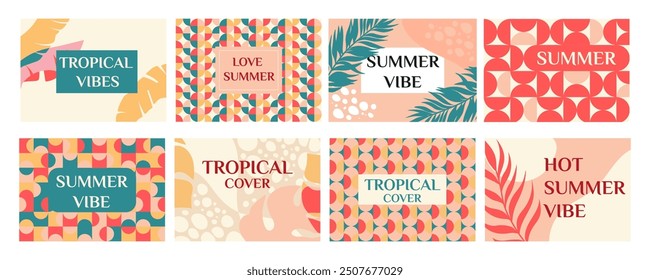 Abstract summer pattern. Geometric background. Summertime vibe. Vacation card template. Social media banner design. Jungle palm leaf. Beach traveling label. Traveling brochure. Vector art posters set