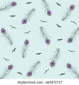 Abstract summer pattern with peacock feathers and flying birds. For textile,t-shirt graphics,wallpaper.Vector illustration.