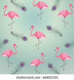 Abstract summer pattern with pink flamingos and peacock feathers.For textile,t-shirt graphics,wallpaper.Vector illustration.