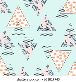 Abstract Summer pattern with tropical palm leaves,flowers and textured triangles. Triangle with grunge halftone textures. Geometric background in pop art style. Vector illustration.