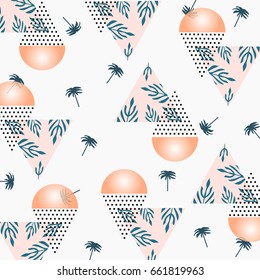 Abstract Summer pattern with tropical palm leaves,sun,ice cream and textured triangles. Triangle with grunge halftone textures. Geometric background in pop art style. Vector illustration.