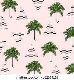 Abstract summer pattern with tropical palm leaves,umbrellas and textured triangles. Triangle with grunge halftone textures. Geometric background in pop art style. Vector illustration.