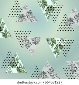 Abstract summer pattern with tropical palm leaves and textured triangles. Triangle with grunge halftone textures.For textile,t-shirt graphics,wallpaper.Vector illustration.