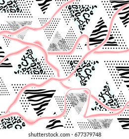Abstract summer pattern with tropical palm leaves,neon lights and leopard,zebra textured triangles. Triangle with halftone effect. Geometric background in 80s 90s pop art style. Vector illustration.