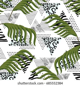 Abstract summer pattern with tropical palm leaves and leopard,zebra textured triangles. Triangle with grunge halftone textures. Geometric background in pop art style. Vector illustration.