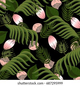 Abstract summer pattern with tropical palm leaves and pink flowers.Vintage,abstract summer background.For textile,fabric,texture,wallpaper,t-shirt design.Vector illustration.