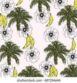 Abstract summer pattern with tropical palm leaves,flowers and bananas.Vintage,abstract summer background.For textile,fabric,texture,wallpaper,t-shirt design.Vector illustration.