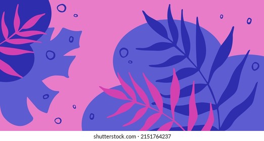 Abstract summer pink background with blue foliage. Vector flat summer illustration. Summer bright banner. Copy space.