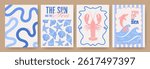 Abstract summer poster or card set in art doodle style with hand drawn wavy lines, seashells, lobster, dolphin jumping out of the water, ocean sea. Trendy summer design for branding, ads, print, decor