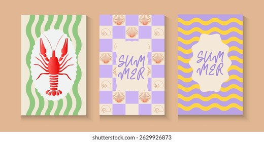 Abstract summer poster or card set in art style with trees surfer on the wave, underwater , palms, surfboard, sea, seashells on pastel colour and blue. Trendy summer design for branding, ads, print.
