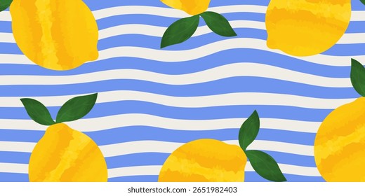 Abstract summer poster or card set in watercolor art style with summer lemon, blue pattern, postage stamp and Italian Mediterranean striped invitation for banner, background, print, ads promo, post