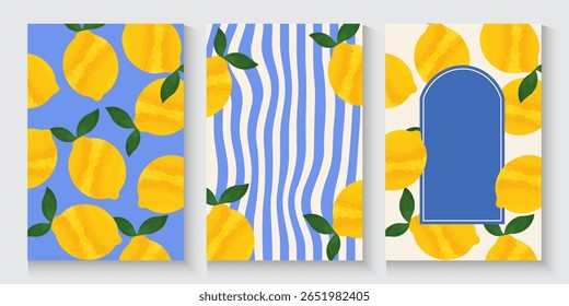 Abstract summer poster or card set in watercolor art style with summer lemon, blue pattern, postage stamp and Italian Mediterranean striped invitation for banner, background, print, ads promo, post
