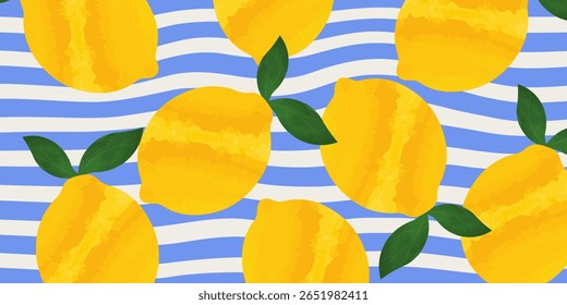 Abstract summer poster or card set in watercolor art style with summer lemon, blue pattern, postage stamp and Italian Mediterranean striped invitation for banner, background, print, ads promo, post