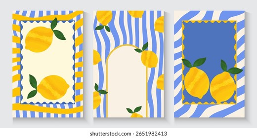 Abstract summer poster or card set in watercolor art style with summer lemon, blue pattern, postage stamp and Italian Mediterranean striped invitation for banner, background, print, ads promo, post