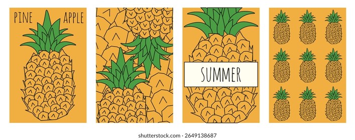 Abstract Summer poster cover set. Ilustração vetorial do fundo de frutas tropicais de verão com abacaxi de esboço simples. Perfect Summer postcard poster coleção de selos postais. EPS 10