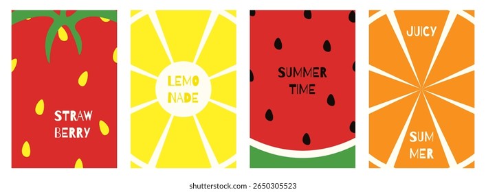 Abstract Summer poster cover set. Ilustração vetorial do fundo da fruta do verão com morango de laranja de limão e melancia. Perfect Summer postcard poster coleção de selos postais. EPS 10