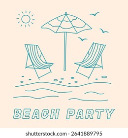 Abstract summer poster in doodle style with hand drawn beach chairs, beach umbrella, birds and sea. Trendy vector design for branding, print, card.