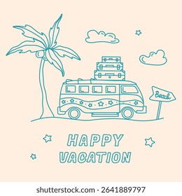 Abstract summer poster in doodle style with hand drawn camper van with suitcases, tree palm, clouds and sign to the beach. Trendy vector design for branding, print, card.