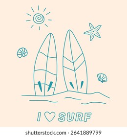 Abstract summer poster in doodle style with hand drawn beach, sun, surfboards, seashells, starfish. Trendy vector design for branding, print, card.