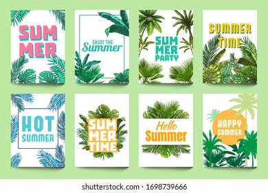Abstract summer poster. Enjoy summer, party invitation and hello summer flyer art with tropical palm leaves and monstera leafs vector set. Hello summer enjoy, tropical summertime illustration