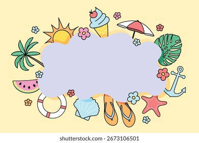 Cartaz de Verão abstrato com símbolos de férias desenhados à mão. Ilustração vetorial