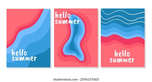 Abstract summer poster template. Creative hand drawn design. Minimalist poster with blue sea waves, pink beach, pink sea sand