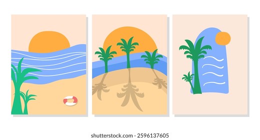 Abstract summer poster template. Minimalist hand drawn poster design with coconut tree, sun, beach, sea ornaments.