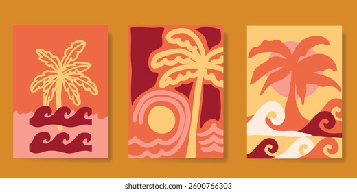 Abstract summer poster vector. Minimal hand drawn wallpaper design with coconut tree, sun, sea, mountain, beach. Ocean painting for summer season, wall decoration, interior, background.