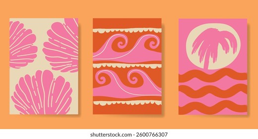 Abstract summer poster vector. Minimal hand drawn wallpaper design with coconut tree, sun, sea, mountain, beach. Ocean painting for summer season, wall decoration, interior, background.