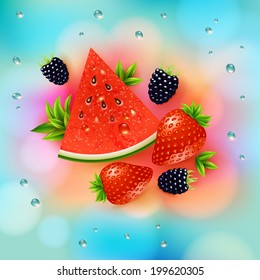 Abstract summer poster with watermelon, strawberry, blackberry and leaves. Bright blurry background. Poster for summer holidays. Vector illustration.