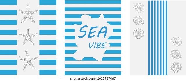 Abstract summer posters or cards set in doodle style with hand drawn starfish and shells. Trendy nautical design for branding, advertising, printing, decor.