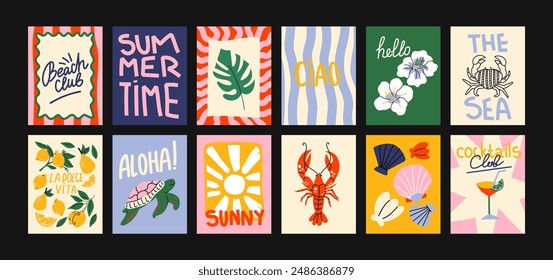 Abstract summer posters in a cartoon style. Decor on the wall, bright banners of summer, relaxation and rest in the minimalist style of Matisse. Decor of wallpaper, walls and postcards