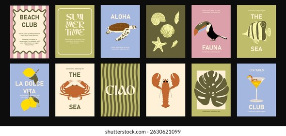 Abstract summer posters in a cartoon style. Decor on the wall, bright banners of summer, relaxation and rest in the minimalist style of Matisse. Decor of wallpaper, walls and postcards.