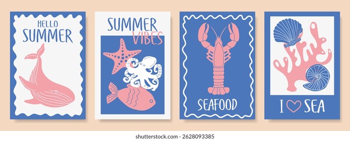 Cartazes de verão abstratos com tema marinho. Design de verão na moda para publicidade, vendas, parabéns. Vetor.