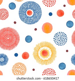Abstract summer print with Hand drawn and watercolor circles. Colorful vector illustration. Seamless construction.