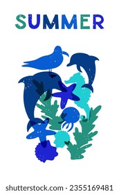 Abstract summer risoprint concept with sea animals. Vintage minimalistic hand drawn composition with grunge texture. Sea animals monochromatic silhouettes. Good for background, banner, poster