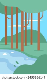 Abstract summer river and forest landscape, simple green trees and meadow near water vector illustration