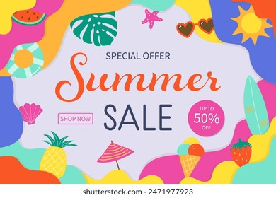 Abstract Summer Sale background with colourful elements. Vacation design. Vector illustration