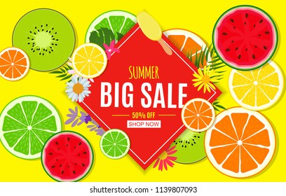 Abstract Summer Sale Background with Fresh Fruits. Vector Illustration EPS10
