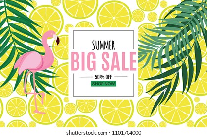Abstract Summer Sale Background with Palm Leaves and Flamingo. Vector Illustration EPS10