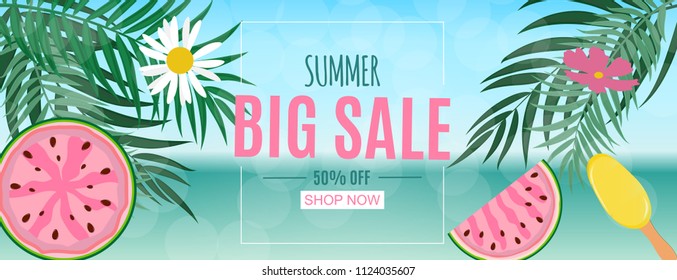 Abstract Summer Sale Background with Palm Leaves and Watermelon Vector Illustration EPS10