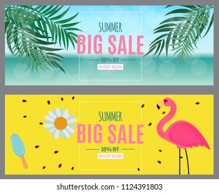 Abstract Summer Sale Background with Palm Leaves and Flamingo. Vector Illustration EPS10