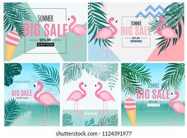 Abstract Summer Sale Background with Palm Leaves and Flamingo Collection Set. Vector Illustration