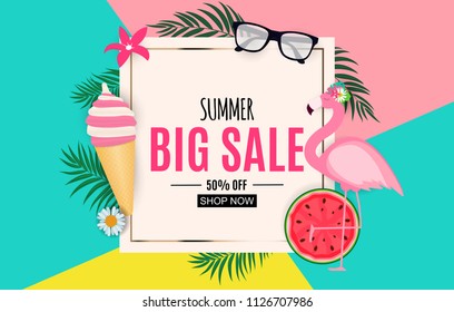 Abstract Summer Sale Background with Palm Leaves, Watermelon, Ice Cream and Flamingo. Vector Illustration EPS10