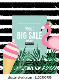 Abstract Summer Sale Background with Palm Leaves and Flamingo. Vector Illustration EPS10