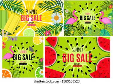 Abstract Summer Sale Background with Palm Leaves and Flamingo Template Collection Set. Vector Illustration EPS10