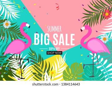 Abstract Summer Sale Background with Palm Leaves and Flamingo. Vector Illustration EPS10