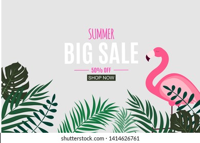 Abstract Summer Sale Background with Palm Leaves and Flamingo. Vector Illustration EPS10