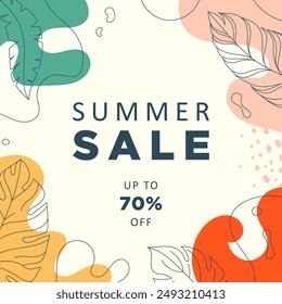 Abstract summer sale banner with tropical leaves. Up to 70% off.